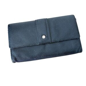 DANIER LEATHER 3pc Black Clutch Wallet Pebbled Removable Snap Closure *Flaw*